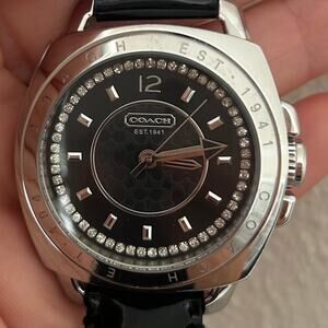 Women's Coach Boyfriend Black Patent Leather Strap Crystal Dial Watch Large